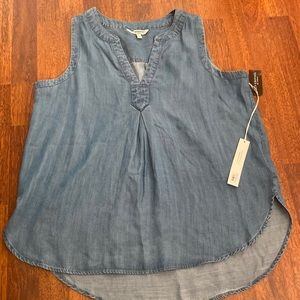 NWT Liverpool mandarin collar cascade dark sleeveless chambray flowy top L Large